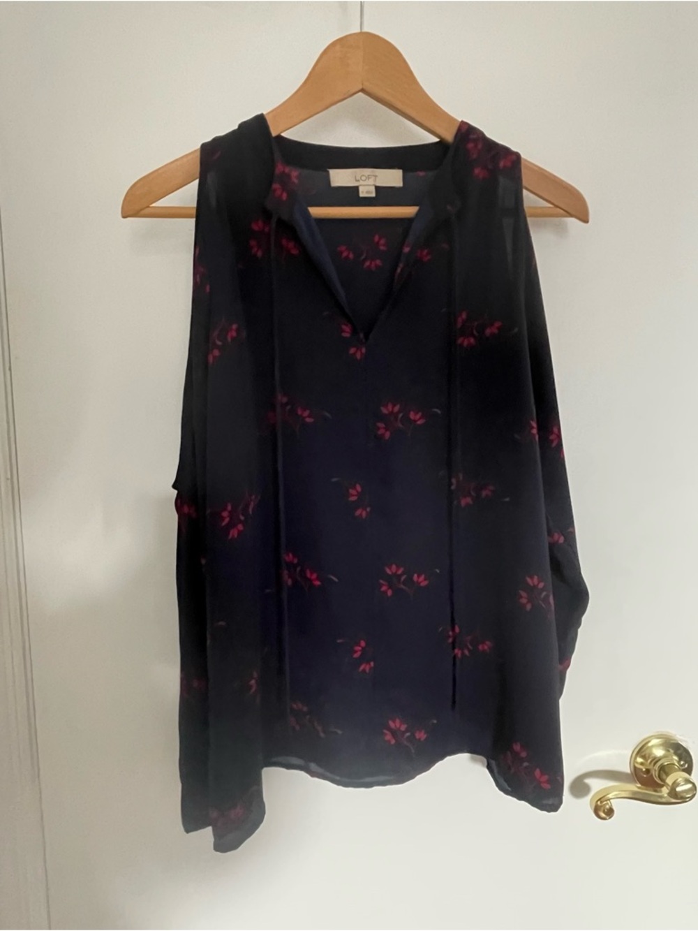 LOFT Navy Floral Tie-Detail Blouse with Exposed Shoulders